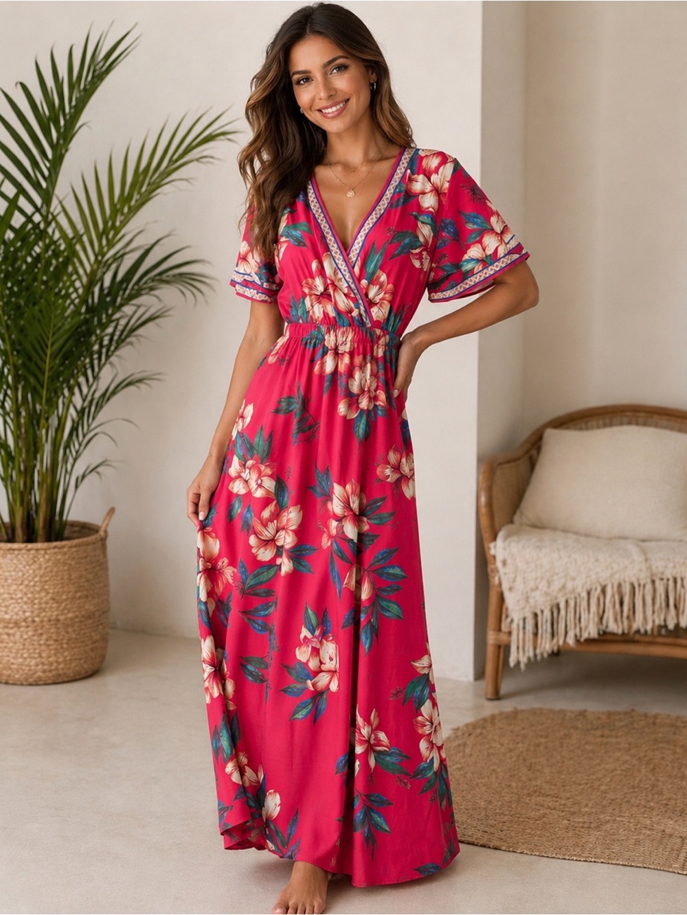 Flying Tomato Red Floral Faux-Wrap Maxi Dress with Teal Accents.